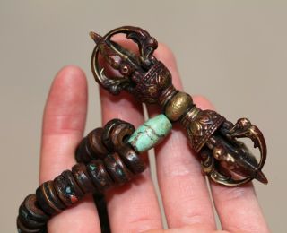Antique Tibetan bronze Vajra & bone,  turquoise bead Buddhist Mala,  19th Century. 5