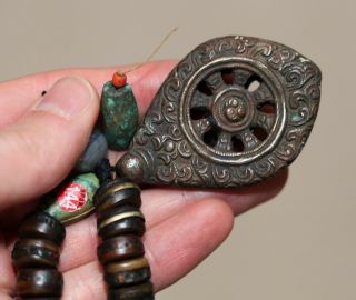 Antique Tibetan bronze Vajra & bone,  turquoise bead Buddhist Mala,  19th Century. 6