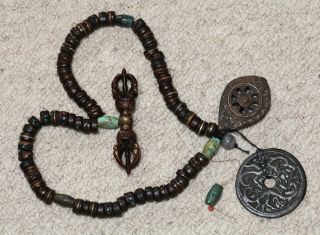 Antique Tibetan bronze Vajra & bone,  turquoise bead Buddhist Mala,  19th Century. 8