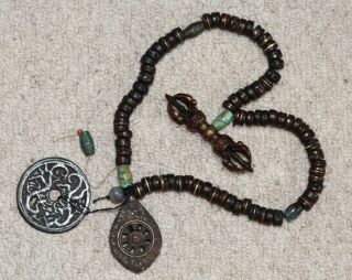 Antique Tibetan bronze Vajra & bone,  turquoise bead Buddhist Mala,  19th Century. 9