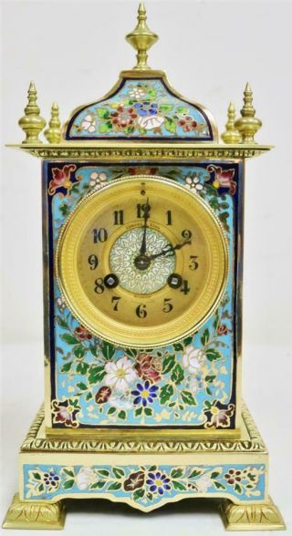 Stunning Antique French 8 Day Bronze Ormolu & Champleve Enamel Mantle Clock