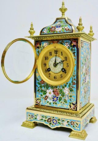 Stunning Antique French 8 Day Bronze Ormolu & Champleve Enamel Mantle Clock 8