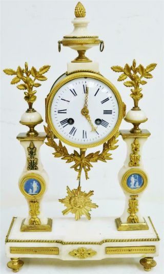 Rare Antique French Empire Bronze,  Wedgwood & White Marble Portico Mantle Clock