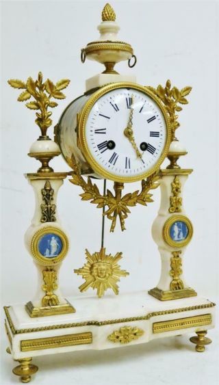 Rare Antique French Empire Bronze,  Wedgwood & White Marble Portico Mantle Clock 2