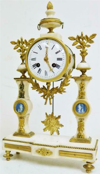 Rare Antique French Empire Bronze,  Wedgwood & White Marble Portico Mantle Clock 5