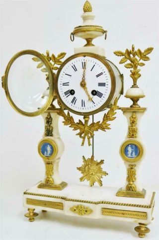 Rare Antique French Empire Bronze,  Wedgwood & White Marble Portico Mantle Clock 8