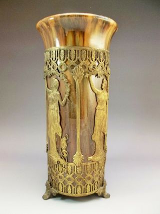 Antique Victorian Amber Pottery Vase Grecian Ladies Gold Metal