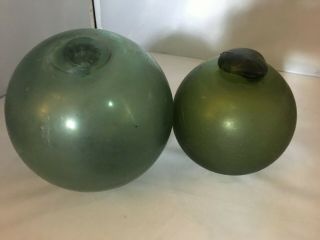 2 Vtg Japanese Hand Blown Glass Fishing Float 18 " /15 " Diameter Blue - Green