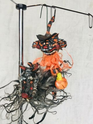 Primitive Handsculpted Halloween Black Cat Witch Riding Spooky Bat 8” Orny