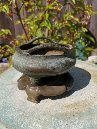 Old House Chinese Ming Bronze Incense Burner With Stand it Marked Asian China 2