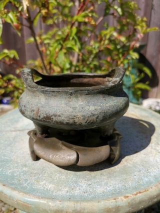 Old House Chinese Ming Bronze Incense Burner With Stand it Marked Asian China 3