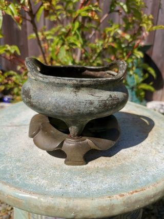 Old House Chinese Ming Bronze Incense Burner With Stand it Marked Asian China 4