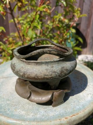 Old House Chinese Ming Bronze Incense Burner With Stand it Marked Asian China 5