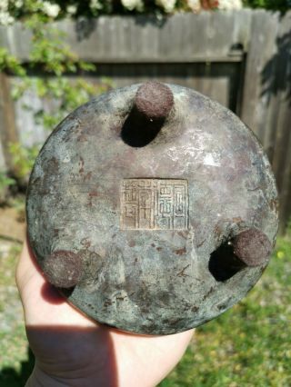 Old House Chinese Ming Bronze Incense Burner With Stand it Marked Asian China 7