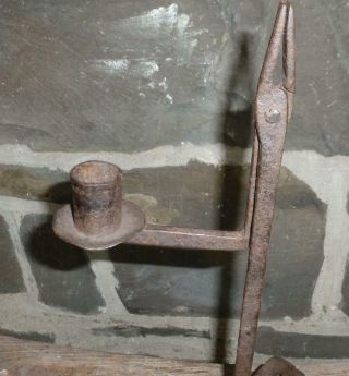 Antique 18th C Rushlight Holder Early American Colonial Lighting Wrought Iron Nr