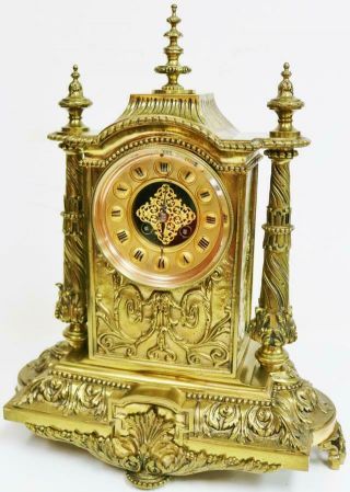 Antique French 8 Day Embossed Cast Bronze Ormolu Gong Striking Mantel Clock 6