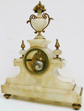 Antique French 8 Day Bell Striking White Marble,  Bronze & Champleve Mantle Clock 10