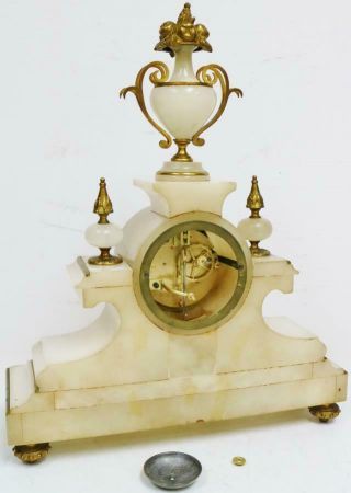 Antique French 8 Day Bell Striking White Marble,  Bronze & Champleve Mantle Clock 11
