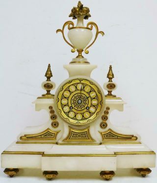 Antique French 8 Day Bell Striking White Marble,  Bronze & Champleve Mantle Clock
