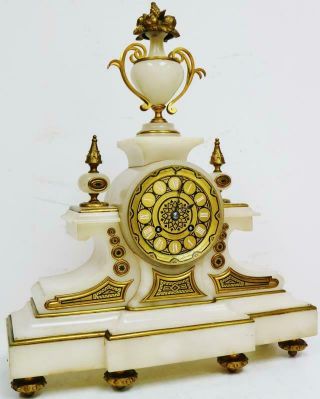 Antique French 8 Day Bell Striking White Marble,  Bronze & Champleve Mantle Clock 2