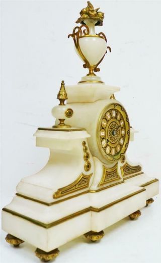 Antique French 8 Day Bell Striking White Marble,  Bronze & Champleve Mantle Clock 3
