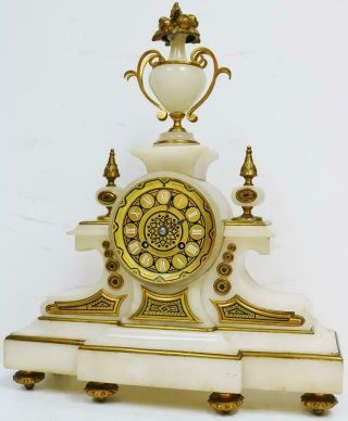 Antique French 8 Day Bell Striking White Marble,  Bronze & Champleve Mantle Clock 5