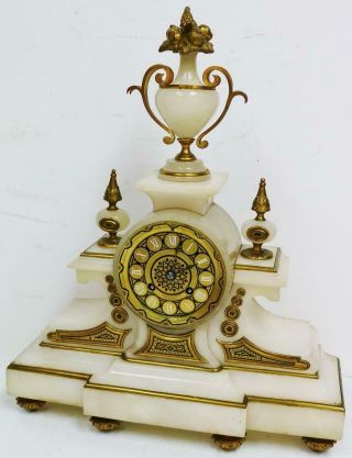 Antique French 8 Day Bell Striking White Marble,  Bronze & Champleve Mantle Clock 6