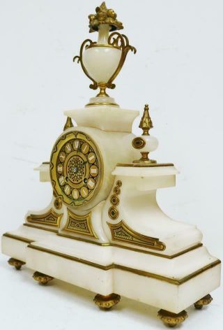 Antique French 8 Day Bell Striking White Marble,  Bronze & Champleve Mantle Clock 8