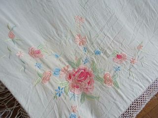 Antique Chinese Shawl Victorian Piano Cream Silk Embroidered Cabbage Roses Pink 10