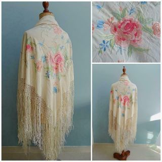 Antique Chinese Shawl Victorian Piano Cream Silk Embroidered Cabbage Roses Pink