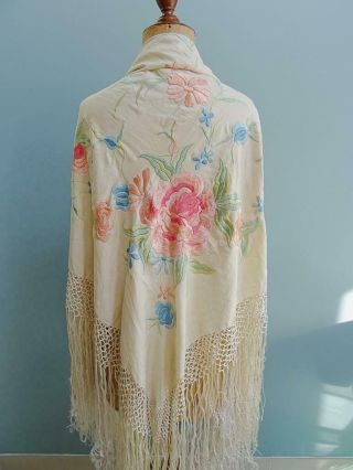 Antique Chinese Shawl Victorian Piano Cream Silk Embroidered Cabbage Roses Pink 2