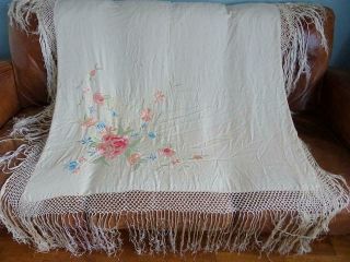 Antique Chinese Shawl Victorian Piano Cream Silk Embroidered Cabbage Roses Pink 8