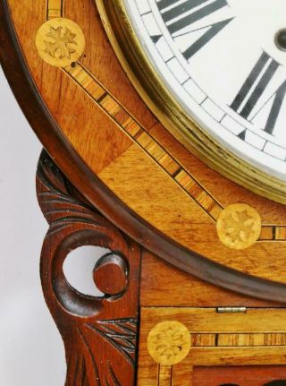 Antique 8 Day Inlaid Tunbridge Ware Walnut Bell Striking Drop Dial Wall Clock 10