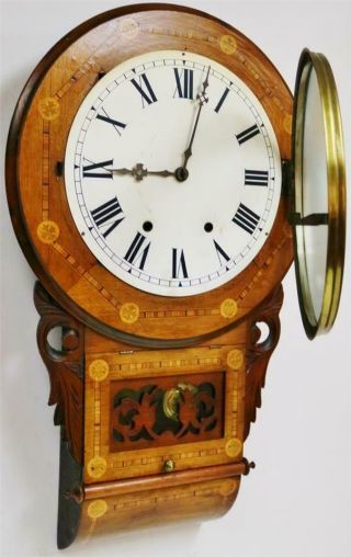 Antique 8 Day Inlaid Tunbridge Ware Walnut Bell Striking Drop Dial Wall Clock 11