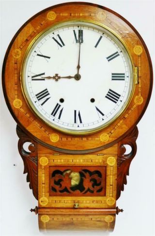 Antique 8 Day Inlaid Tunbridge Ware Walnut Bell Striking Drop Dial Wall Clock