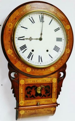 Antique 8 Day Inlaid Tunbridge Ware Walnut Bell Striking Drop Dial Wall Clock 2