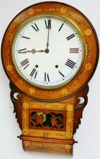 Antique 8 Day Inlaid Tunbridge Ware Walnut Bell Striking Drop Dial Wall Clock 3