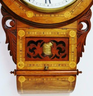 Antique 8 Day Inlaid Tunbridge Ware Walnut Bell Striking Drop Dial Wall Clock 7