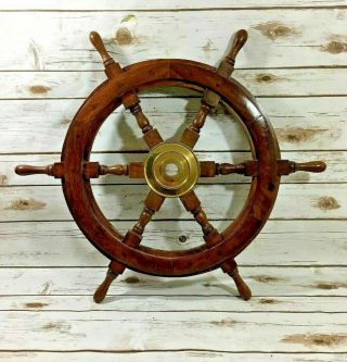 Old Look 18  Pirate Wooden Ship Wheel Vintage Boat Nautical Decor Brass Center