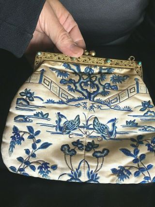 Chinese 19thc Gold Washed Silver Silk Embroiderd Womens Evening Purse