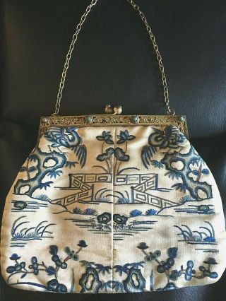 Chinese 19thc Gold Washed Silver Silk Embroiderd Womens Evening Purse 2