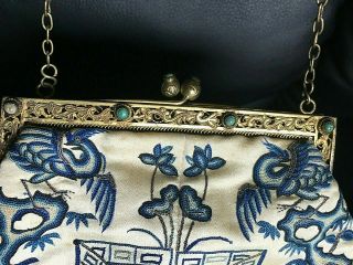 Chinese 19thc Gold Washed Silver Silk Embroiderd Womens Evening Purse 3