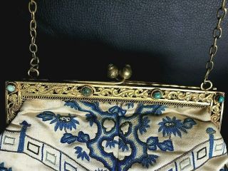 Chinese 19thc Gold Washed Silver Silk Embroiderd Womens Evening Purse 4