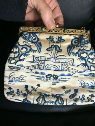 Chinese 19thc Gold Washed Silver Silk Embroiderd Womens Evening Purse 5