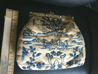 Chinese 19thc Gold Washed Silver Silk Embroiderd Womens Evening Purse 8