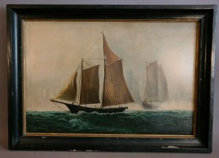19thc Antique Victorian Schooner Maritime Seascape Old Sailing Ship Oil Painting