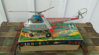 Rare Vintage Tin Toy Mechanical Friction Powered Sikorsky S - 55 Helicopter Japan