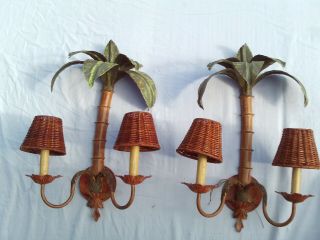 Vintage Mid Century Tole Palm Tree Wall Sconces 2 Sockets Rattan Shades