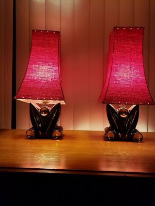 Pair Vintage Mid Century Modern Black & Gold Ceramic Lamps,  Red Retro Shades