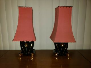 Pair Vintage Mid Century Modern Black & Gold Ceramic Lamps,  Red Retro Shades 2